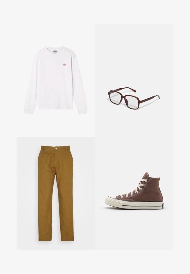Bílé tričko s dlouhým rukávem vyrobené z bavlny. Na hrudi má malé kulaté ví color logo. Jednoduchý design s žebrovanými manžetami.; Esprit STRAIGHT PLEAT - Kalhoty - olive; Hnědé plátěné tenisky s vysokým střihem, bílé tkaničky, guma na špičce a černý pruh na podrážce. Mají bílé prošívání a klasický design.; Hnědé, obdélníkové brýle s průhlednými skly a fialovými odstíny. Hladký plastový rám s rovnými nohami a jemnými akcenty.