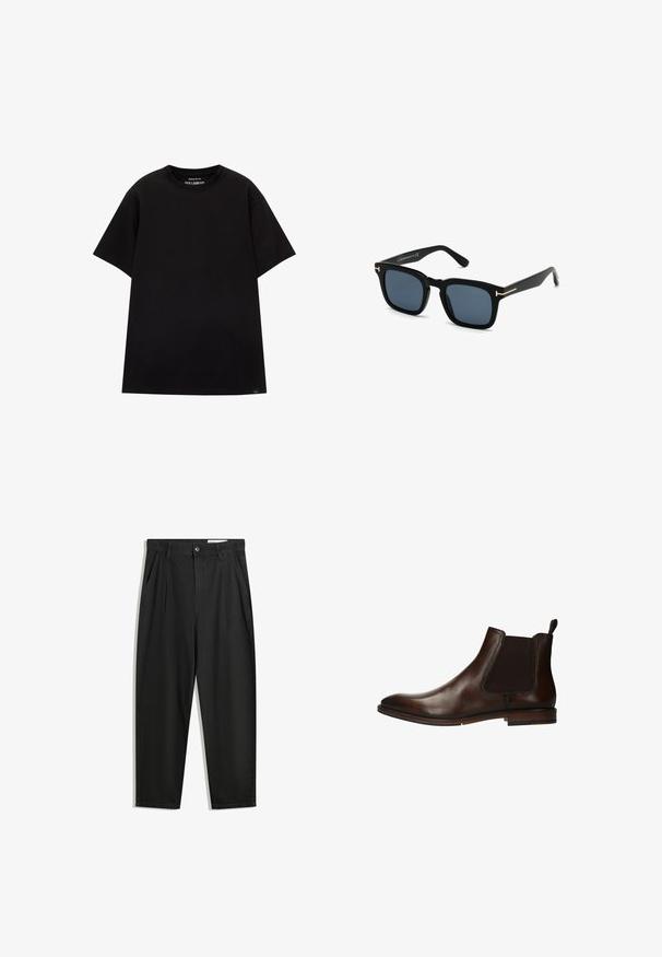 PULL&BEAR JOIN LIFE - T-shirt basic - black; Zwarte katoenen broeken met een losse pasvorm, voorzien van een klassieke tailleband, voorplooien en zijzakken. Gladde structuur zonder patronen.; Bruine leren Chelsea boot met elastische zijpanelen, een ronde neus en een lage gestapelde hak. Beschikt over een trekband voor gemakkelijk aantrekken.; Zwarte vierkante zonnebril met donkere lenzen, matte afwerking en gouden metalen accenten op de poot, met een minimalistisch ontwerp.