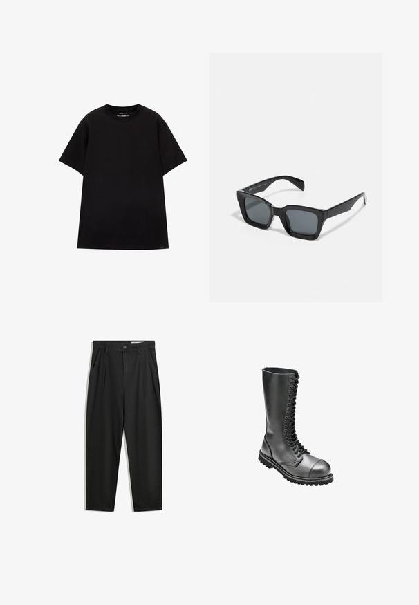 PULL&BEAR JOIN LIFE - Jednoduché tričko - black; Černé bavlněné kalhoty s uvolněným střihem, klasickým pasem, předními záhyby a bočními kapsami. Hladká textura bez vzorů.; Černé kožené šněrovací vojenské boty s vysokým svrškem, kulatou špičkou, polstrovaným límcem a texturovanou gumovou podrážkou pro lepší přilnavost.; Černé obdélníkové sluneční brýle s tmavými skly. Plastový rám s lesklým povrchem, široký most a mírně zúžené stranice.