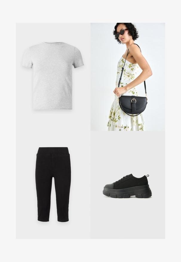 Pelēks īsām piedurknēm T-krekls ar apaļu kakla izgriezumu, izgatavots no kokvilnas auduma maisījuma, ar gludu faktūru un vienkāršu, neizrotātu dizainu.; Melnas ar griezumu denim bikses ar elastīgu jostu, kurām ir gluda tekstūra un rullēta apmale. Izstrādātas komfortam un vieglai kustībai.; Melnas kedas ar masīvu gumijas zoli, teksturētu auduma augšdaļu, apaļu purngalu un saistīšanas dizainu. Iekļautas pastiprinātas acs atveres un aizmugurējais cilpiņas siksniņa.; Melnas ādas rokassoma ar izliekta formu, noņemamu siksnu un zelta aksesuāriem. Somai ir vāciņš ar sprādzes detaļu.