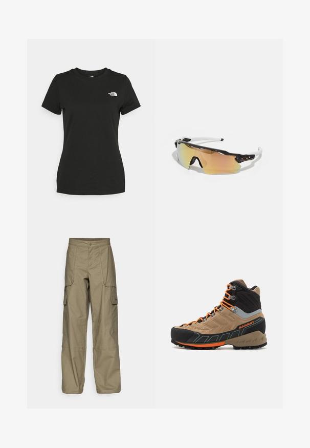 Black cotton t-shirt featuring a crew neckline and short sleeves. Notable white logo on the upper left side. Smooth texture, casual fit.; Cargo pants in olive green fabric, featuring a loose fit, multiple side pockets, and a button closure at the waist. Smooth texture.; Beige and black high-top hiking boot with orange laces, rubber toe cap, textured upper, and rugged sole. Features reinforced ankle support.; Sunglasses with a black and white frame, large mirrored lenses in gold and pink hues, aerodynamic design, and an extended outer rim.