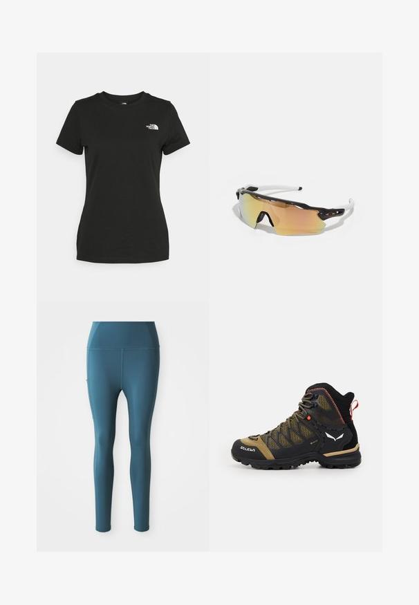 Camiseta de algodón negra con cuello redondo y mangas cortas. Logo blanco notable en el lado superior izquierdo. Textura suave, ajuste casual.; Leggings ajustados en color verde azulado con una textura suave, cintura alta, bolsillos laterales y sin costuras visibles, diseñados para el uso atlético.; Bota de senderismo de altura media en negro y verde oliva, con parte superior de malla, suela de goma y acentos texturizados, además de una pestaña trasera para tirar.; Gafas de sol con montura en blanco y negro, lentes grandes espejados en tonos dorados y rosas, diseño aerodinámico y un borde exterior ampliado.