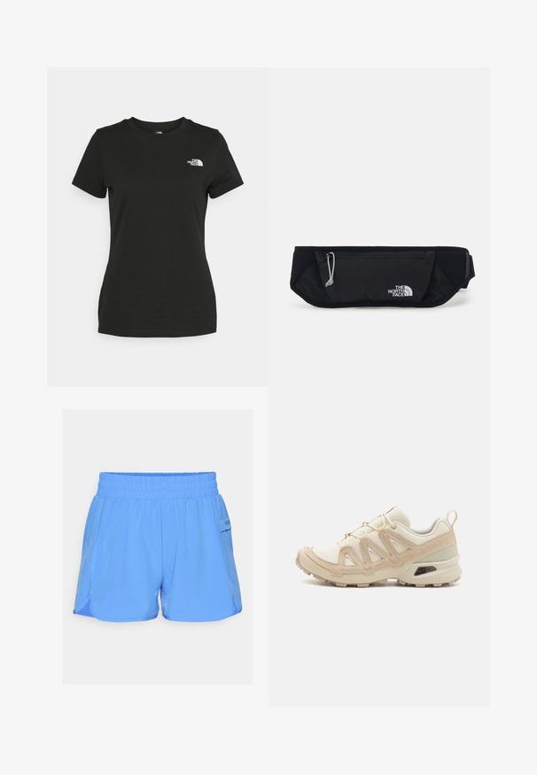 Musta puuvillahihaton t-paita, jossa on pyöreä kaula-aukko ja lyhyet hihat. Huomattava valkoinen logo vasemmassa yläkulmassa. Sujuva kangas ja rento leikkaus.; Vaaleansiniset urheilushortsit, joissa on joustava vyötärö, sivutaskut ja kontrastivärisiä ompeleita. Pehmeä pinta ja rento istuvuus.; Beige ja kreemi värvi sportlikud jalanõud, millel on tekstiilne mesh ülemine osa, toetavad ülekatted ja kummist tald, millel on mustripattern haardeks.; The North Face SUNRISER RUN BELT UNISEX - Vyölaukku - black/white