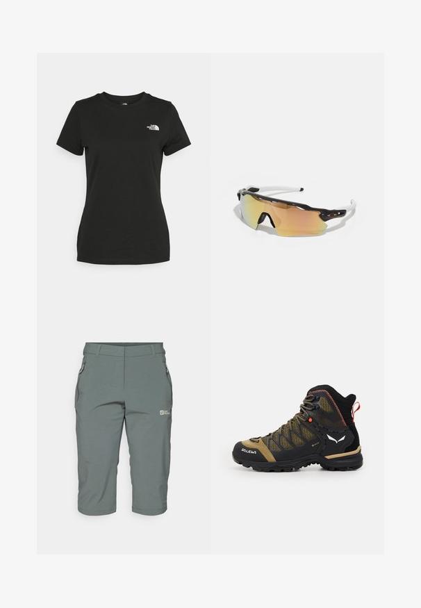 Juodas medvilninis marškinėliai su apvalia apykakle ir trumpomis rankovėmis. Išskirtinis baltas logotipas viršutinėje kairėje pusėje. Sklandus tekstūra, laisvas pritaikymas.; Pilki lauko šortai su užtrauktuku, tiesiu kirpimu ir lengva, kvėpuojančia medžiaga su lygiu paviršiumi.; Vidutinio aukščio žygio batai juodos ir alyvuogių spalvos, su tinklo viršumi, guminėmis padais ir tekstūruotomis detalėmis bei galine traukimo juostele.; Akiniai nuo saulės su juodai balta rėmu, dideliais veidrodiniais objektyvais auksinėmis ir rožinėmis atspalviais, aerodinaminis dizainas ir išplėstas išorinis rėmelis.