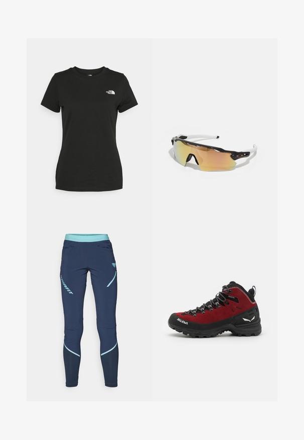 Μαύρο βαμβακερό T-shirt με στρογγυλή λαιμόκοψη και κοντά μανίκια. Εντυπωσιακό λευκό λογότυπο στην επάνω αριστερή πλευρά. Λείος υφασμάτινος χαρακτήρας, άνετη εφαρμογή.; Dynafit TRANSALPER HYBRID - Παντελόνι εξωτερικού χώρου - blueberry marine blue; Κόκκινο και μαύρο ορειβατικό μποτάκι με σουέτ και καουτσούκ υλικά, υφασμάτινα κορδόνια, ενισχυμένη μύτη και λεπτομέρεια λογότυπου στο πλάι και στη σόλα.; Γυαλιά ηλίου με μαύρο και άσπρο σκελετό, μεγάλοι καθρέφτες φακοί σε χρυσές και ροζ αποχρώσεις, αεροδυναμικός σχεδιασμός και διευρυμένο εξωτερικό στεφάνι.