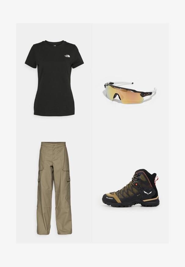 Musta puuvillahihaton t-paita, jossa on pyöreä kaula-aukko ja lyhyet hihat. Huomattava valkoinen logo vasemmassa yläkulmassa. Sujuva kangas ja rento leikkaus.; Vihreät cargo-housut, joissa on väljä malli, useita sivutaskuja ja nappikiinnitys vyötäröllä. Silkkinen pinta.; Kävelykengät mid-korkeudella mustana ja oliivinvihreänä, joissa on verkkokangas yläosa, kumipohja ja teksturoituja yksityiskohtia takana olevaan vetotikkuun.; Auringonlaskulasit, joissa on musta-valkoinen kehys, isot peilipinnat kultaisina ja vaaleanpunaisina sävyinä, aerodynaaminen muotoilu ja pidennetty ulkorimma.