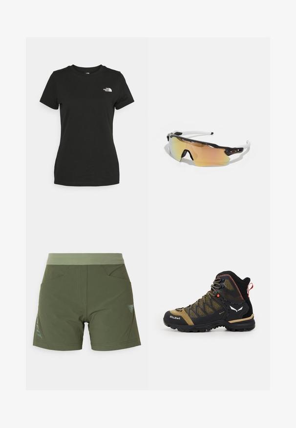 Mustvalge puuvillane t-särk, millel on ümber kaeluse lõige ja lühikesed varrukad. Märkimisväärne valge logo vasakul ülal nurgas. Sile tekstuur, mugav lõige.; Olivrohelised lühikesed püksid elastse vöökohaga, kahe eesmise taskuga ja logo aktsendiga vasakul küljel. Sile tekstuur ja vormitud sobivus.; Keskmise kõrgusega matkasaapad mustas ja oliivrohelises, millel on võrkkangas, kummist talla ja tekstuuriga aksessuaarid tagaküljel tõmbluku jaoks.; Mustkristallidega prillid musta ja valge raamiga, suured peegeldavad läätsed kuldse ja roosa varjundiga, aerodünaamiline disain ja pikendatud välimine äär.