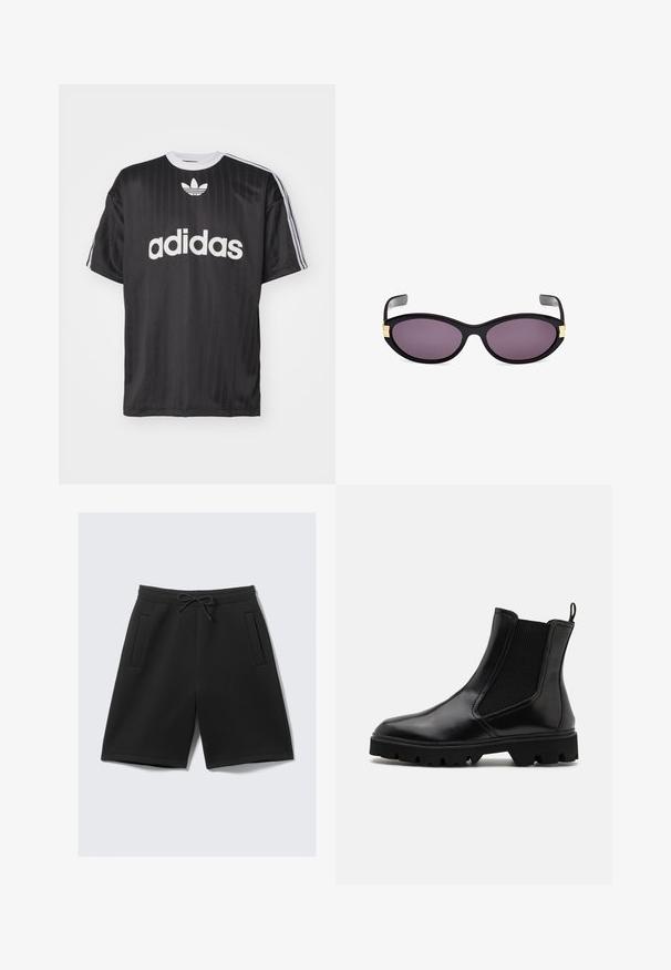 Schwarzes T-Shirt mit kurzen Ärmeln, das das weiße "adidas"-Logo und drei Streifen auf jeder Schulter zeigt. Hergestellt aus glattem, leichtem Material mit Rundhalsausschnitt.; Schwarze Sportshorts aus weichem Material mit einem elastischen Bund und einer Schnur zum Zuziehen sowie zwei vorderen Taschen. Glatte Textur, knielanger Schnitt.; Schwarze Chelsea-Stiefel mit glänzendem Lederfinish, elastischen seitlichen Einsätzen, einer Schlaufe zum Anziehen und einer stabilen Gummisohle mit rutschfesten Profilen.; Schwarze Katzenaugen-Sonnenbrille mit lila Linsen. Verfügt über goldene Akzente in der Nähe der Schläfen. Glatter Kunststoffrahmen mit glänzender Oberfläche.