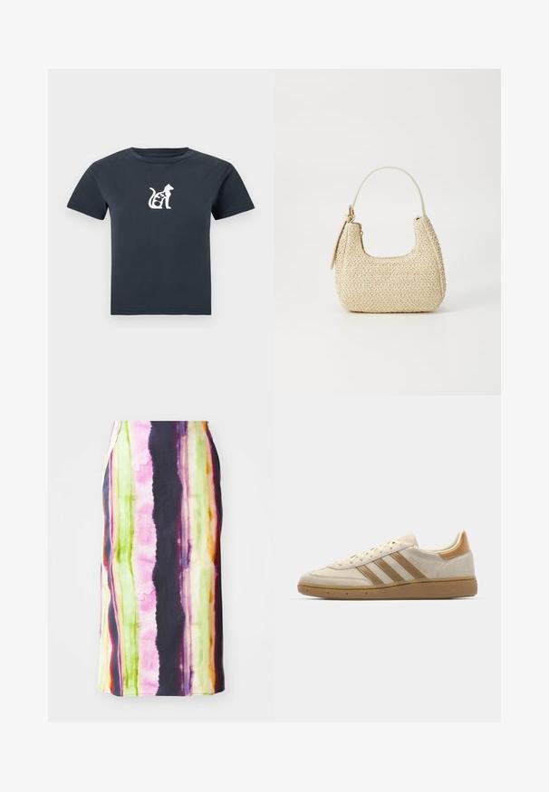 Sötét szürke, rövid ujjú póló, kis fehér macska grafikával és az "OLEY" szóval, amely a macska testébe van integrálva a mellrészen.; Színes, közepes hosszúságú szoknya, amelyen függőleges csíkok találhatók rózsaszín, zöld, sárga és lila színekben. Simább anyagból készült, amelynek enyhe fényessége van.; Beige velúr sportcipő világosbarna részletekkel. Három barna csíkkal, texturált gumitalppal és lekerekített orrkivágással rendelkezik.; Bézs színű, fonott szalmakézitáska ívelt formával, rövid fogantyúval és oldalsó cipzárral. Texturált felülettel és minimalista dizájnnal rendelkezik.
