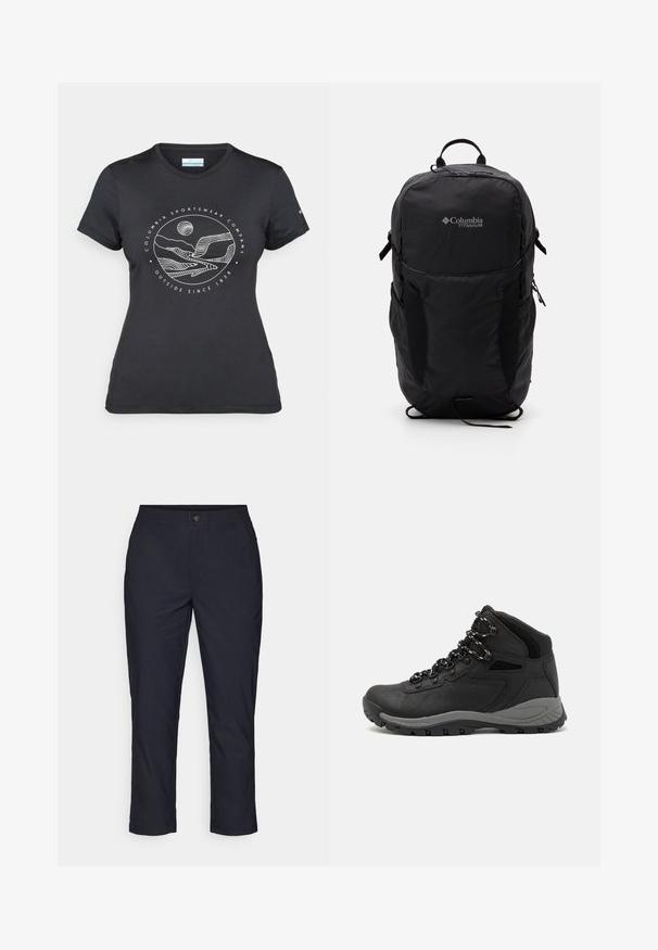 Czarny t-shirt Columbia z białą okrągłą grafiką gór i rzeki oraz napisem "Columbia Sportswear Company Outside Since 1938."; Ciemnoniebieskie spodnie o gładkiej teksturze, z elastycznym pasem i metalowym zapięciem. Prosty krój z wykończonymi kostkami.; Czarne buty trekkingowe z średnim cholewem, z teksturowaną cholewą, szarymi akcentami oraz trwałą gumową podeszwą z wypustkami zapewniającymi przyczepność.; Czarny plecak Columbia Titanium z gładką teksturą materiału, bocznymi kieszeniami, górnym uchwytem i regulowanymi paskami. Minimalistyczny design z subtelnym logo.