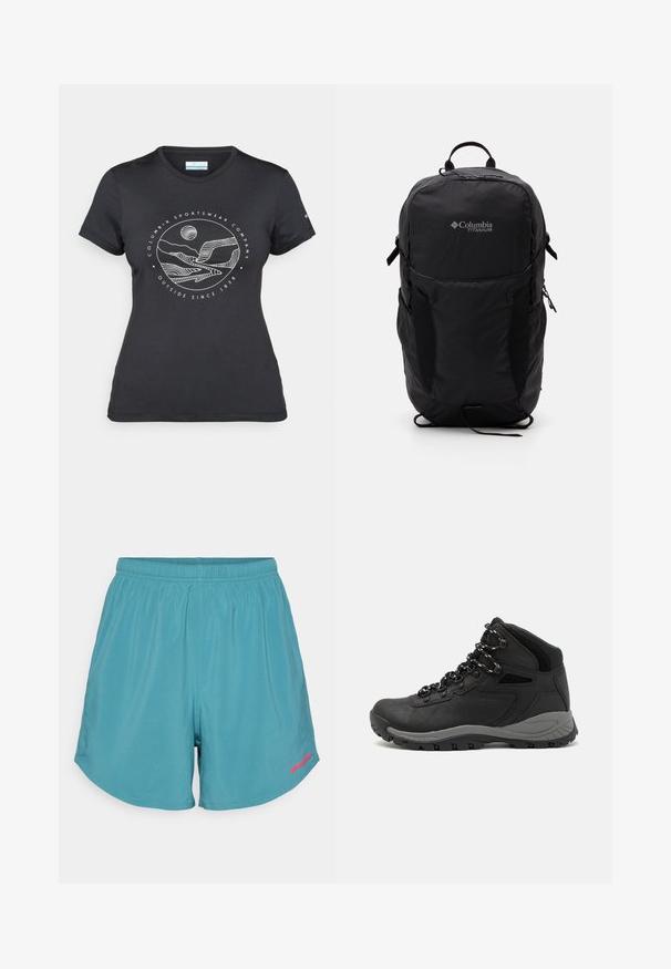Μαύρο μπλουζάκι Columbia με λευκή κυκλική γραφική τέχνη βουνού και ποταμού και κείμενο "Columbia Sportswear Company Έξω από το 1938."; Τεα απο atletiko σορτς με ελαστική μέση, λεία υφή και ροζ λογότυπο στη χαμηλή δεξιά πλευρά.; Μαύρο ορειβατικό μποτάκι με μεσαίο ύψος, διαθέτει υφή στην επάνω επιφάνεια, γκρι λεπτομέρειες και ανθεκτική καουτσούκ σόλα με αυλάκια πρόσφυσης.; Μαύρο σακίδιο Columbia Titanium με λεία υφή υφάσματος, πλαϊνές τσέπες, χερούλι στην επάνω πλευρά και ρυθμιζόμενους ιμάντες. Μινιμαλιστικός σχεδιασμός με διακριτική σήμανση.