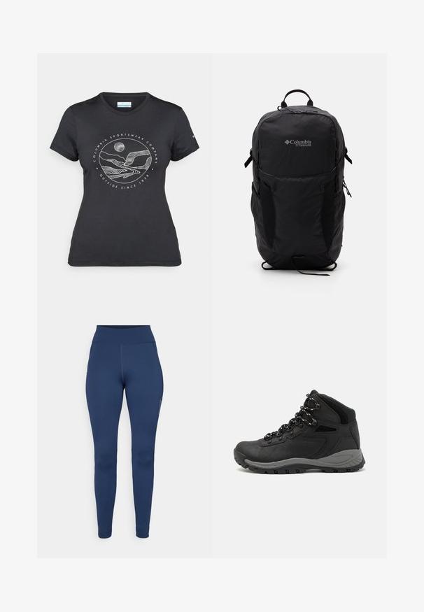Svart Columbia-t-shirt med vit cirkulär linjekonst av berg och flod samt texten "Columbia Sportswear Company Outside Since 1938."; Marinblå leggings i stretchigt tyg, med hög midja och en sidficka. Slät textur med platta sömmar.; Svart vandringskänga med mellanhög design, som har en texturerad överdel, grå accenter och en slitstark gummisula med greppklackar.; Svart Columbia Titanium ryggsäck med en mjuk tygstruktur, sidofickor, handtag upptill och justerbara remmar. Minimalistisk design med diskret märkning.