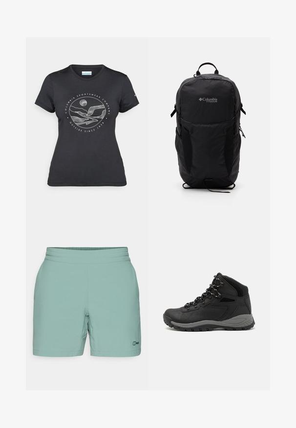 Svart Columbia t-skjorte med hvit sirkulær fjell- og elvlinjekunst og tekst "Columbia Sportswear Company Outside Since 1938."; Lys grønne shorts laget av mykt materiale, med en jevn midje og en liten svart logo på nederste del. Enkelt og funksjonelt design.; Sorte turstøvler med mid-topp design, som har en teksturert overdel, grå detaljer og slitesterk gummisåle med godt grep.; Svart Columbia Titanium ryggsekk med en glatt stoffoverflate, sidelommer, topphåndtak og justerbare stropper. Minimalistisk design med subtil merkevare.