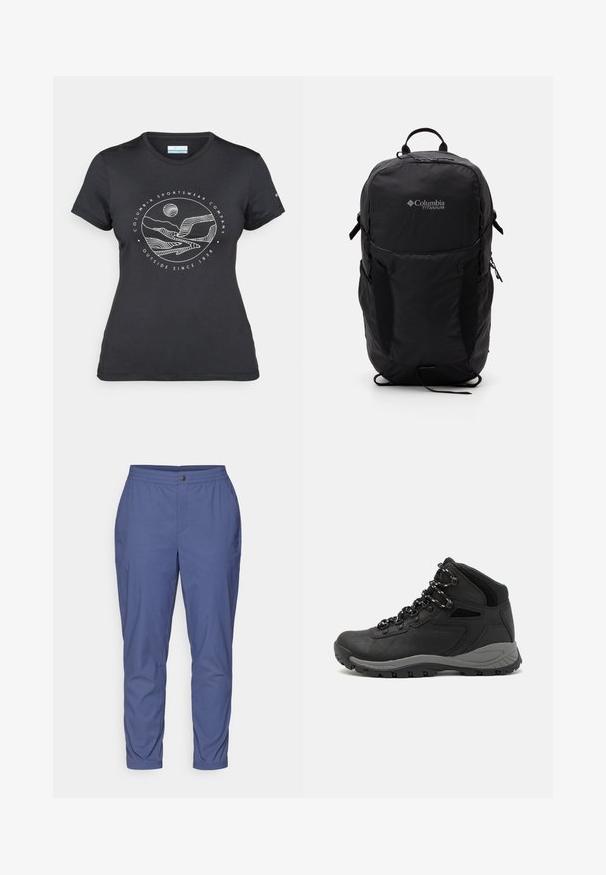 Czarny t-shirt Columbia z białą okrągłą grafiką gór i rzeki oraz napisem "Columbia Sportswear Company Outside Since 1938."; Granatowe, lekkie spodnie z elastycznym paskiem, dopasowane do sylwetki, zwężane nogawki oraz boczne kieszenie. Wykonane z gładkiego, oddychającego materiału.; Czarne buty trekkingowe z średnim cholewem, z teksturowaną cholewą, szarymi akcentami oraz trwałą gumową podeszwą z wypustkami zapewniającymi przyczepność.; Czarny plecak Columbia Titanium z gładką teksturą materiału, bocznymi kieszeniami, górnym uchwytem i regulowanymi paskami. Minimalistyczny design z subtelnym logo.