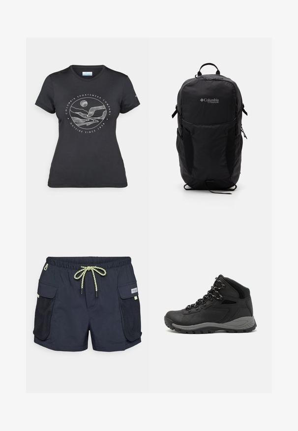 Black Columbia t-shirt with white circular mountain and river line art and text "Columbia Sportswear Company Outside Since 1938."; Navy swim shorts with a drawstring waistband, mesh side pockets, and a smooth texture. Features a logo tag on the front right.; Black hiking boot with a mid-top design, featuring a textured upper, gray accents, and durable rubber sole with traction lugs.; Black Columbia Titanium backpack with a smooth fabric texture, side pockets, top handle, and adjustable straps. Minimalist design with subtle branding.
