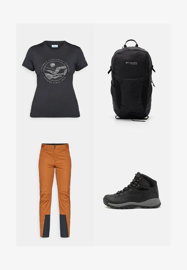 Melnā Columbia T-kreklā ar baltu apļa kalnu un upes kontūru mākslu, kā arī tekstu "Columbia Sportswear Company Outside Since 1938."; Oranžās āra bikses ar taisnu griezumu, ar tumši zilu akcentu apakšējās kājās, divām priekšējām kabatām ar rāvējslēdzējiem un pogu aizdari.; Melni pārgājienu zābaki ar vidēju augstumu, ar teksturētu augšdaļu, pelēkiem akcentiem un izturīgu gumijas zoli ar saķeres izvirzījumiem.; Melnā Columbia Titanium mugursoma ar gludu auduma faktūru, sānu kabatām, augšējo rokturi un regulējamiem siksnām. Minimālistisks dizains ar diskrētu zīmola identifikāciju.