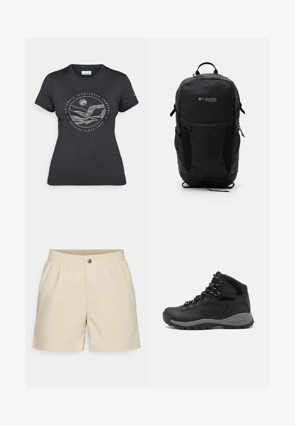 Juodas "Columbia" marškinėliai su balta apskrita kalnų ir upės linijų grafika bei tekstu "Columbia Sportswear Company Lauke nuo 1938 metų."; Šviesiai rudi šortai, pagaminti iš lengvos medžiagos, su elastinga juosmens juosta, priekine kišene ir vienu užsegimu mygtuku, turintys lygią tekstūrą.; Juodas žygio botas su vidutinio aukščio dizainu, pasižymintis tekstūruota viršutine dalimi, pilkų akcentų ir patvaria guma padanga su sukibimo gumbais.; Juodas Columbia Titanium kuprinė su lygaus audinio tekstūra, šoninėmis kišenėmis, viršutine rankena ir reguliuojamomis petnešomis. Minimalistinis dizainas su subtiliu logotipu.
