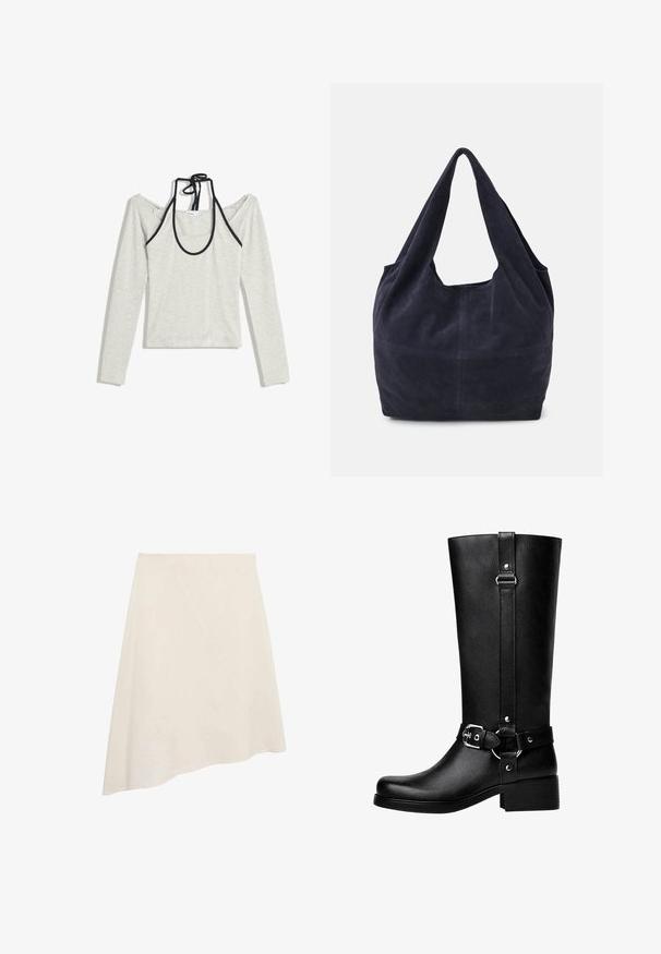 Tricou lung gri deschis cu design off-shoulder și accente negre. Prezintă un decolteu rotund cu detalii legate la spate. Material dintr-un amestec de bumbac.; Fustă bej asimetrică, realizată dintr-un material neted, având o cusătură diagonală pentru detaliu de design și un croi până la genunchi.; Cizme înalte din piele ecologică neagră, cu vârf rotund, detalii cu cataramă de accent și toc gros. Textură netedă și cusătură verticală pe tijă.; Geantă din suede bleumarin cu un design lejer, bretele late pentru umăr și detalii vizibile de cusătură pe corp.