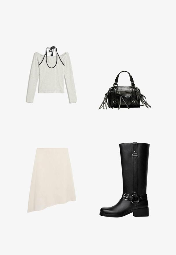 Jasnoszara bluzka z długim rękawem o fasonie odsłaniającym ramiona z czarnymi akcentami. Posiada okrągły dekolt oraz kokardkę z tyłu. Materiał z domieszką bawełny.; Asymetryczna beżowa spódnica wykonana z gładkiego materiału, z ukośnym szwem jako elementem wzorniczym oraz długością do kolan.; Wysokie czarne buty z faux skóry, z okrągłym noskiem, detalem klamry na pasku oraz grubym obcasem. Gładka tekstura i pionowa szew na cholewie.; Czarna skórzana torebka z plecionymi uchwytami, teksturowaną powierzchnią, zamykanym z przodu kieszonką oraz dekoracyjnymi frędzlami. Kompaktowy i wyraźny kształt.