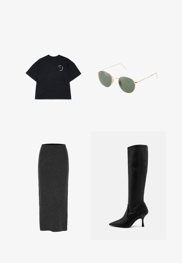 T-shirt oversize en coton noir à manches courtes. Présente un petit imprimé graphique en blanc et bleu sur la poitrine à gauche.; Jupe crayon en tricot de couleur gris foncé, mi-longue, avec une coupe ajustée, texture lisse et taille élastique pour le confort.; Stuart Weitzman Bottes - black; Lunettes de soleil avec monture en métal doré, verres verts, forme ronde, branches fines et accents en plastique blanc aux extrémités des branches.
