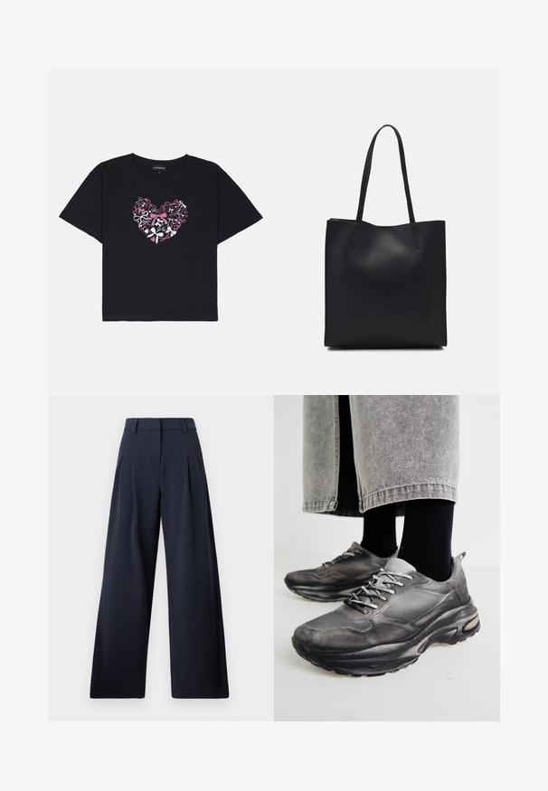 Zwarte katoenen t-shirt met korte mouwen, voorzien van een hartontwerp gemaakt van kleurrijke strikken in roze, wit en zwart in het midden.; Marineblauwe wijde pantalon met een soepele textuur, voorzien van voorplooien en een klassieke tailleband, ontworpen voor een relaxte pasvorm.; Zwarte en grijze sport schoenen hebben een mesh bovenkant, dikke zolen en veters. Ze hebben een ronde neus en zichtbare dempingsdetails.; Zwarte leren handtas met een gladde textuur, rechthoekige vorm en twee lange handvaten. Geen zichtbare hardware of versieringen.