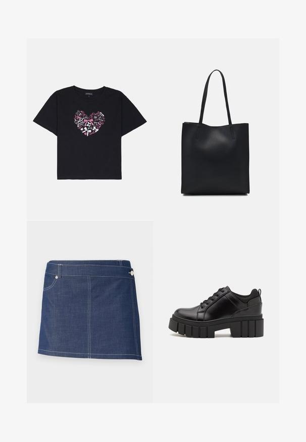 Čierne bavlnené tričko s krátkymi rukávmi so srdcovým dizajnom z farebných mašlí v ružovej, bielej a čiernej farbe uprostred.; Džínová mini sukňa v tmavomodrej farbe s bielym prešívaním, s jednou prednou kapsou a kovovým zapínaním na páse.; Čierne kožené platformy s masívnym blokovým podpätkom, okrúhlou špičkou a tradičným šnurovaním. Má hladký povrch a minimálne detaily.; Čierna kožená taška na rameno s hladkým povrchom, obdĺžnikovým tvarom a dvoma dlhými uchami. Bez viditeľného kovania alebo ozdôb.