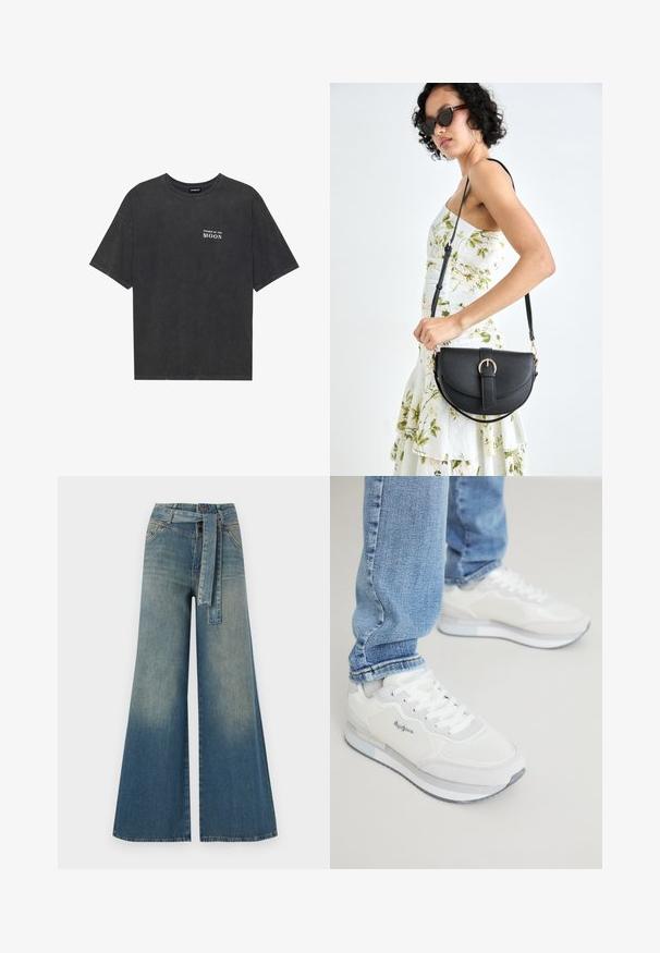 Černé bavlněné tričko s volným střihem, s textem "FÁZE MĚSÍCE" v bílé barvě na levé hrudi. Krátké rukávy, design s kruhovým výstřihem.; Džínové kalhoty širokého střihu s přechodem od světlé k tmavě modré, vysokým pasem, poutky na opasek a odpovídajícím opaskem ze stejného materiálu. Texturovaná džínovina.; Bílé sportovní tenisky s texturovaným, hladkým povrchem, s tkaničkami a šedou gumovou podrážkou. Doplněné o světle zúžené modré džíny.; Černá kožená kabelka s křivkovým tvarem, odnímatelným popruhem a zlatými detaily. Kabelka má klopu s přezkou.