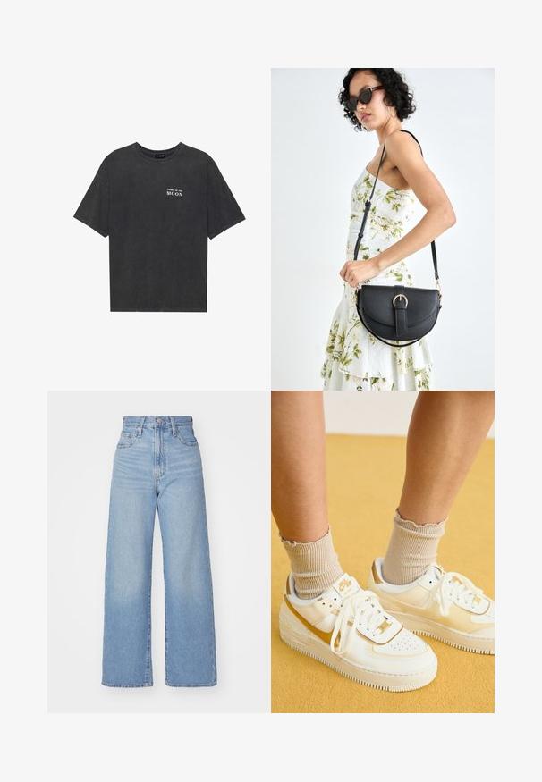 Fekete pamut póló laza szabással, bal mellkason fehér "A HOLD FÁZISAI" felirattal. Rövid ujjú, kerek nyakú kialakítás.; Világoskék, magas derekú, bő szárú farmernadrág, elülső gombbal és cipzárral, elülső és hátsó zsebekkel, fehér háttérrel.; Nike Sportswear AIR FORCE 1 SHADOW - Sportcipő - sail/metallic gold/coconut milk; Fekete bőrtáska ívelt formával, levehető pánttal és arany színű fémrészekkel. A táskán egy csattal díszített fedél található.