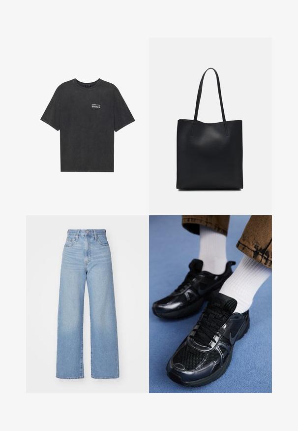 Tricou din bumbac negru, cu o croială lejeră, având inscripția "FAZELE LUNII" în alb pe pieptul stâng. Mâneci scurte, design cu gât rotund.; Jeans cu talie înaltă, de culoare albastru deschis, cu croială largă, dotate cu nasture și fermoar la față, buzunare în față și spate, pe un fundal alb.; Pantofii sport Nike negri au un superior din plasă cu accente strălucitoare, șireturi negre și o talpă texturată. Asortați cu șosete albe cu dungi.; Geantă tote neagră din piele, cu textură netedă, formă rectangulară și două mânere lungi. Fără hardware vizibil sau ornamente.