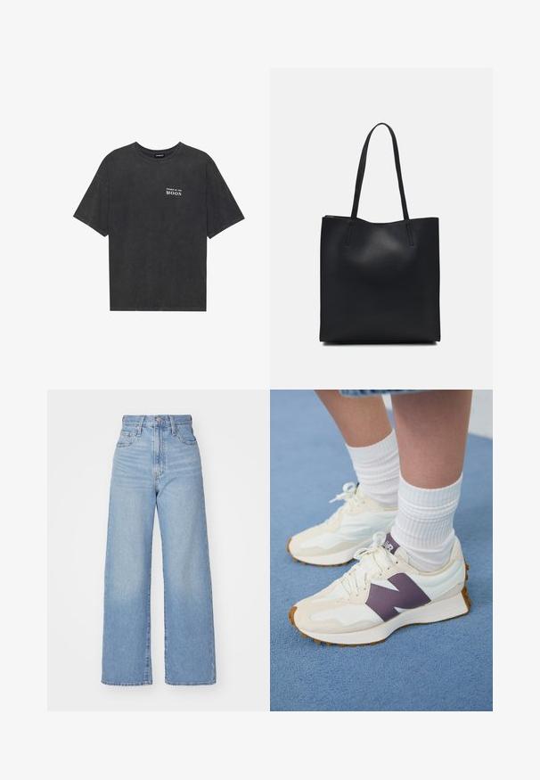 Μαύρη βαμβακερή μπλούζα με άνετη εφαρμογή, με κείμενο "ΦΑΣΕΙΣ ΤΗΣ ΣΕΛΗΝΗΣ" σε λευκό χρώμα στο αριστερό στήθος. Κοντά μανίκια, σχέδιο με κλειστό λαιμό.; Ανοιχτό μπλε ψηλόμεσα παντελόνια φαρδιές μπατζάκια με κλείσιμο μπροστά με κουμπί και φερμουάρ, μπροστά και πίσω τσέπες, σε λευκό φόντο.; Κρεμ και μωβ αθλητικά sneakers με υφασμάτινη δερμάτινη λεπτομέρεια, που διαθέτουν στρογγυλή μύτη και λευκή κορδέλα, σε συνδυασμό με λευκές ριγέ κάλτσες.; Μαύρη δερμάτινη τσάντα tote με λείο υφή, ορθογώνιο σχήμα και δύο μακριές λαβές. Χωρίς ορατό υλικό ή διακοσμητικά στοιχεία.