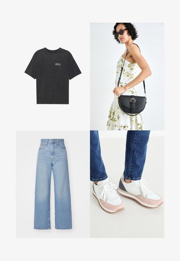 Camiseta de algodón negra con un ajuste holgado, que presenta el texto "FASES DE LA LUNA" en blanco en el lado izquierdo del pecho. Mangas cortas, diseño de cuello redondo.; Jeans de tiro alto y pernera ancha en azul claro, con cierre frontal de botón y cremallera, y bolsillos delantero y trasero, sobre un fondo blanco.; Zapatillas blancas y rosa claro con acentos grises, que cuentan con una parte superior de ante y malla, suela de goma y cordones redondos.; Bolso de piel negra con forma curva, correa desmontable y herrajes dorados. El bolso cuenta con una solapa con un detalle de hebilla.