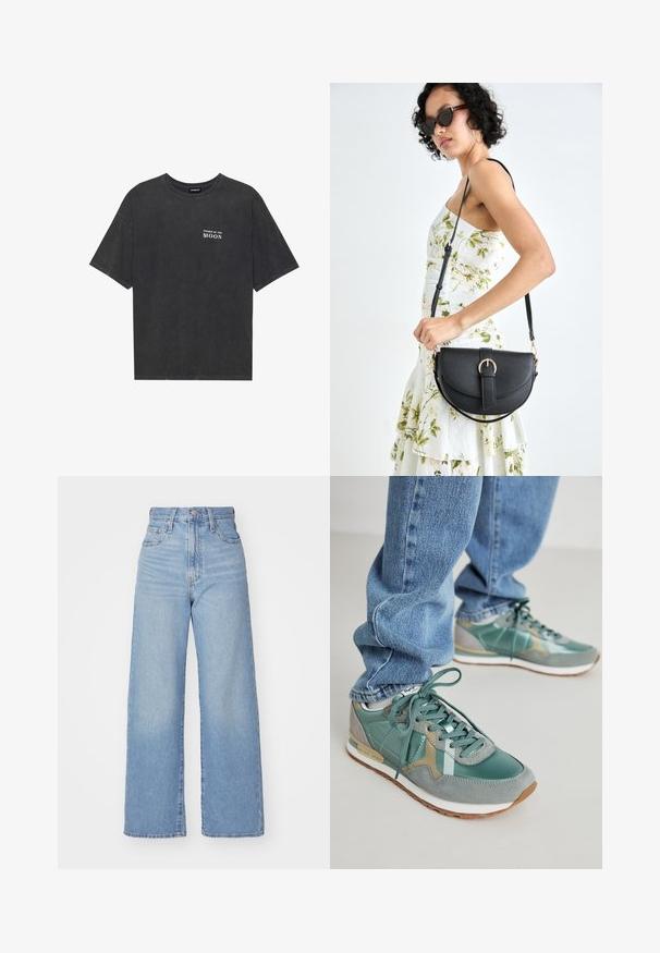Svart bomullströja med lös passform, med texten "MÅNFASER" i vitt på vänster bröst. Korta ärmar, rundad halsdesign.; Ljusblå högmidjade vida jeans med knapp- och dragkedjestängning, fram- och bakfickor, mot en vit bakgrund.; Gröna sneakers i en blandning av läder och mocka, med en texturerad yta, snören och en vit mellansula. Bärs med blåjeans.; Svart läderhandväska med en böjd form, avtagbar rem och guldiga detaljer. Väskan har ett lock med en spänndetalj.