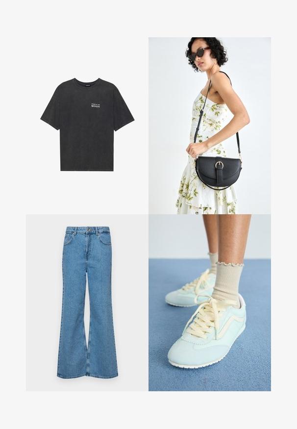 Čierne bavlnené tričko s voľným strihom, s bielym textom "FÁZY MESAČNÉHO CYKLU" na ľavej hrudi. Krátke rukávy, kulatý výstrih.; Svetlomodré rozšírené džínsy vyrobené z denimu, s vysokým pásom, piatimi vreckami a jednopoložkovým zapínaním na gombík. Mäkká textúra s vyblednutým povrchom.; Svetlomodré semišové tenisky s krémovými šnúrkami a akcentmi, s textúrovaným povrchom a bielou gumovou podrážkou. Viditeľné volánkové béžové ponožky.; Čierna kožená kabelka s zaobleným tvarom, odnímateľným popruhom a zlatými doplnkami. Kabelka má klopu s detailom s prackou.