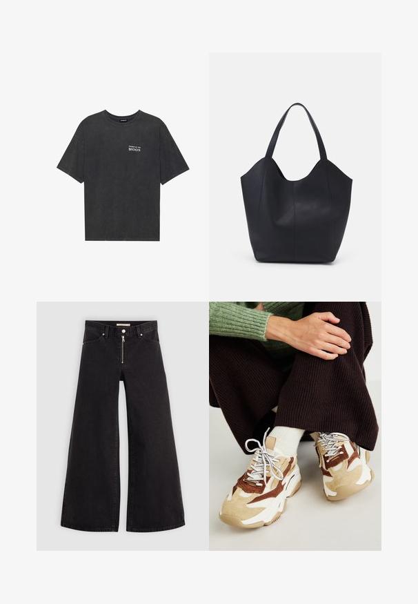 Black cotton t-shirt with a loose fit, featuring “PHASES OF THE MOON” text in white on the left chest. Short sleeves, crew neck design.; Wide-leg jeans in black denim with a zippered front, five-pocket design, and subtle stitching details. Smooth texture and casual style.; Steve Madden POSSESSIONE - Trainers - brown/sand; Black tote bag made of smooth leather, featuring a curved, open top with two shoulder straps and a minimalist design.