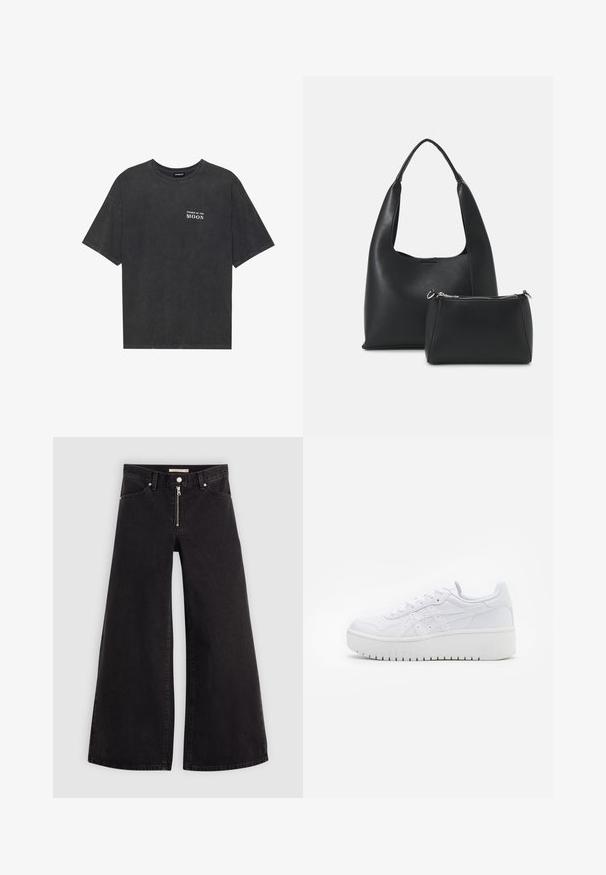 T-shirt de algodão preto com um corte solto, apresentando o texto "FASES DA LUA" em branco no lado esquerdo do peito. Mangas curtas, design de gola redonda.; Calças de ganga de perna larga em denim preto com fecho éclair à frente, design de cinco bolsos e detalhes de costura subtil. Textura suave e estilo casual.; Sapatilhas brancas de plataforma com uma textura de couro suave, detalhes perfurados e atacadores planos; apresentam uma sola de borracha branca espessa.; Even&Odd Mala de mão - black