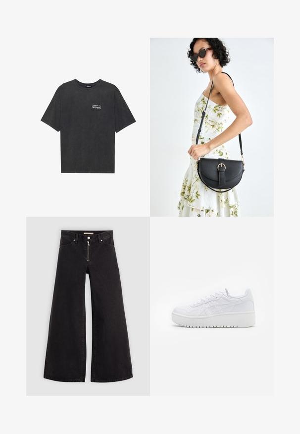 Tricou din bumbac negru, cu o croială lejeră, având inscripția "FAZELE LUNII" în alb pe pieptul stâng. Mâneci scurte, design cu gât rotund.; Jeans cu picioare largi din denim negru, cu fermoar în față, design cu cinci buzunare și detalii subtile de cusătură. Textură netedă și stil casual.; Adidași platformă albi cu o textură de piele netedă, detalii perforate și șireturi plate; au o talpă groasă din cauciuc alb.; Geantă din piele neagră, cu o formă curbată, curea detașabilă și accesorii aurii. Geanta are un capac cu un detaliu tip cataramă.