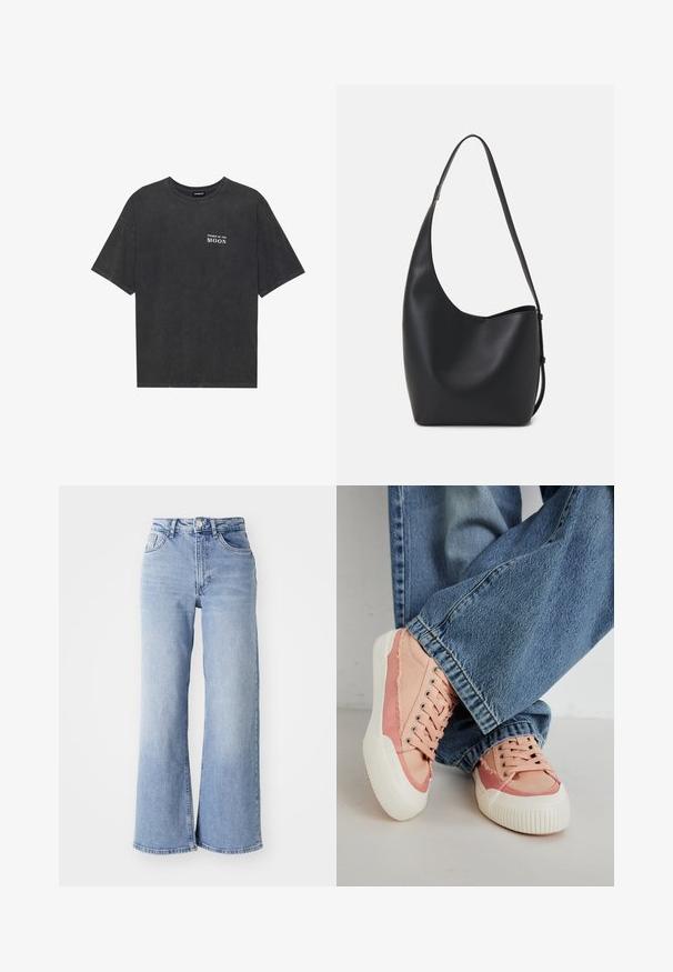 Fekete pamut póló laza szabással, bal mellkason fehér "A HOLD FÁZISAI" felirattal. Rövid ujjú, kerek nyakú kialakítás.; Világoskék, magas derekú, bőszárú farmernadrág elülső és hátsó zsebekkel, gombos záródással és finom fakulással a combokon és a szegélyeken.; Rózsaszín vászon sportcipők fehér gumitalppal, kör alakú fűzőlyukakkal és szálkás részletekkel, kék bőszárú farmernadrággal párosítva.; Fekete bőr hobo táska sima textúrával, ívelt formával és egyetlen állítható pánttal; széles nyílás található a tetején.