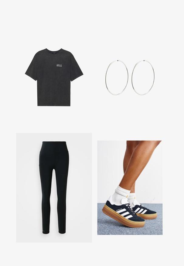 Camiseta de algodón negra con un ajuste holgado, que presenta el texto "FASES DE LA LUNA" en blanco en el lado izquierdo del pecho. Mangas cortas, diseño de cuello redondo.; Leggings deportivos negros de cintura alta con bolsillo lateral y piernas largas sobre un fondo blanco.; Zapatillas deportivas de gamuza negra con rayas y detalles blancos, puntera redondeada, suela de goma color caramelo, combinadas con calcetines blancos acanalados a la altura del tobillo.; Pendientes de aro plateados con un diseño redondo y liso, y un acabado pulido. Son delgados y ligeros, y cuentan con un sencillo cierre de gancho.