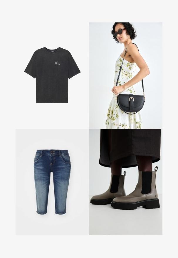 Camiseta de algodón negra con un ajuste holgado, que presenta el texto "FASES DE LA LUNA" en blanco en el lado izquierdo del pecho. Mangas cortas, diseño de cuello redondo.; Bermudas de denim en azul oscuro con un acabado desgastado, que cuentan con cinco bolsillos, un cierre de doble botón y un diseño de pierna recta.; Botines grises hechos de cuero texturizado con paneles laterales elásticos y una suela negra robusta. Cuenta con tiradores para facilitar su colocación.; Bolso de piel negra con forma curva, correa desmontable y herrajes dorados. El bolso cuenta con una solapa con un detalle de hebilla.