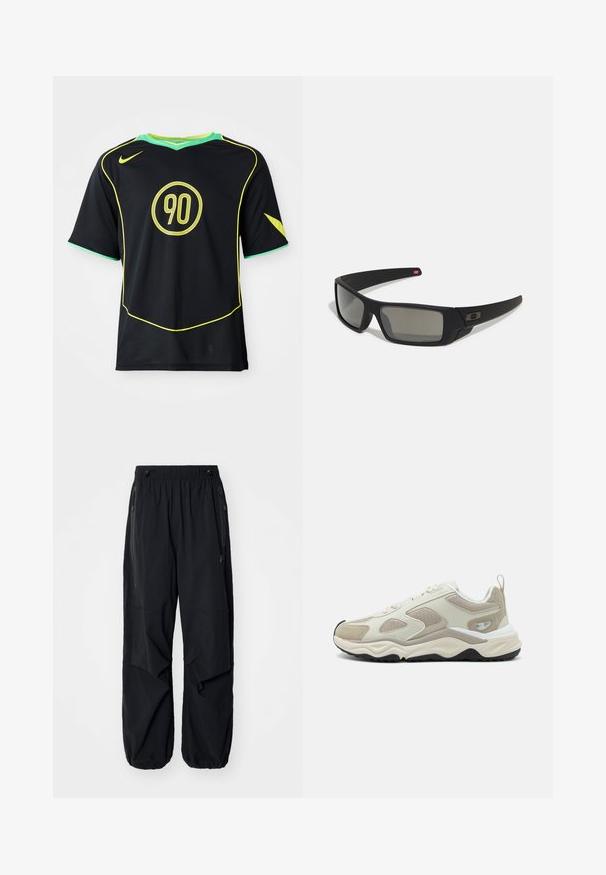 Maglia sportiva nera a maniche corte con accenti gialli e logo circolare "90". Presenta un colletto verde e un tessuto texture.; Pantaloni cargo leggeri neri con elastico in vita, zip laterali e tasche ampie. Caratterizzati da una vestibilità comoda e fondi a gamba affusolata.; Scarpa sportiva beige con un mix di materiali sintetici lisci e mesh, dettagli testurizzati e una robusta suola bianca e nera.; Occhiali da sole neri con finitura opaca, lenti rettangolari, leggero curvatura sulle tempie, dettaglio logo discreto e lenti color fumo.