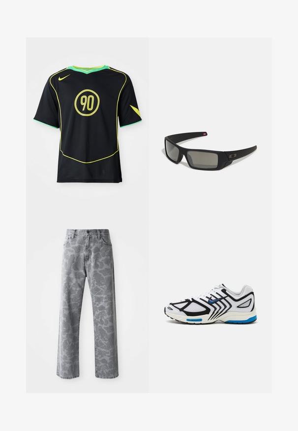 Schwarzes Sporttrikot mit kurzen Ärmeln, gelben Akzenten und rundem "90"-Logo. Verfügt über einen grünen Kragen und strukturierten Stoff.; Graue Denim-Jeans mit einem Camouflage-Muster, geradem Bein-Design, fünf Taschen und einem Knopfverschluss.; Weißer Sportschuh mit schwarzen Akzenten, Netzpaneelen und blauen Details. Verfügt über eine strukturierte Sohle und schlanke Designlinien.; Schwarze Sonnenbrille mit matter Oberfläche, rechteckigen Gläsern, leichtem Bogen an den Schläfen, dezentem Logo-Detail und rauchgetönten Gläsern.
