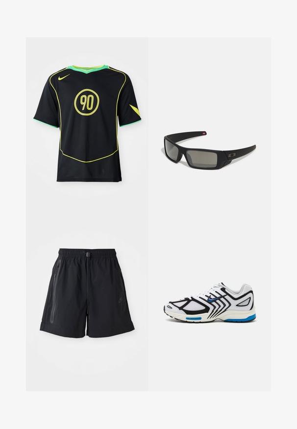 Tricou sport negru cu mânecă scurtă, cu accente galbene și logo-ul circular „90”. Are un guler verde și un material texturat.; Shorts negri cu talie elastică, șnur ajustabil și două buzunare laterale cu fermoar. Prezintă un material neted și un detaliu discret cu logo.; Pantof de sport alb cu accente negre, panouri din plasă și detalii albastre. Prezintă o talpă texturată și linii de design elegante.; Ochelari de soare negri cu o finisare mată, lentile dreptunghiulare, curbură ușoară pe bănci, detaliu subtil cu logo și lentile cu tentă fumurie.