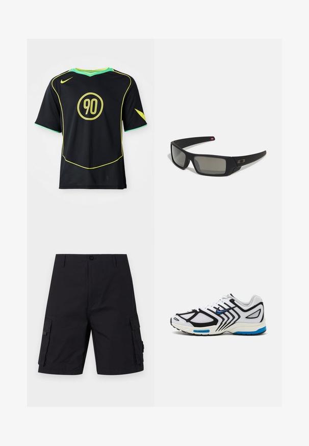 Schwarzes Sporttrikot mit kurzen Ärmeln, gelben Akzenten und rundem "90"-Logo. Verfügt über einen grünen Kragen und strukturierten Stoff.; Schwarze Cargoshorts mit geradem Schnitt, aus strapazierfähigem Gewebe. Verfügt über zwei Seitentaschen und einen Knopfverschluss.; Weißer Sportschuh mit schwarzen Akzenten, Netzpaneelen und blauen Details. Verfügt über eine strukturierte Sohle und schlanke Designlinien.; Schwarze Sonnenbrille mit matter Oberfläche, rechteckigen Gläsern, leichtem Bogen an den Schläfen, dezentem Logo-Detail und rauchgetönten Gläsern.