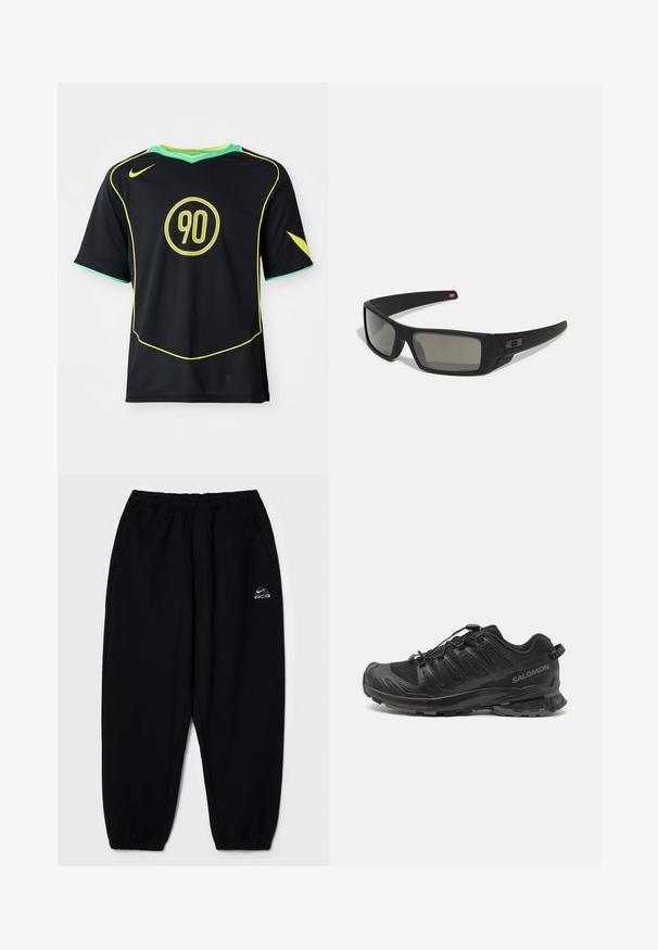 Čierny športový dres s krátkym rukávom a žltými akcentami s kruhovým logom "90". Obsahuje zelený golier a textúrovanú tkaninu.; Čierne tepláky s elastickým pásom, dvoma bočnými vreckami a tesnými manžetami. Obsahujú malé biele logo na ľavej strane.; Čierna atletická obuv s vrchnou časťou z sieťoviny, gumovou podrážkou a elastickým zaťahovacím systémom. Obsahuje zosilnenú špičku a štruktúrované akcenty.; Čierne slnečné okuliare s matným povrchom, obdĺžnikové šošovky, mierna krivka na straničkách, nenápadný detail loga a šošovky so zafírovaným tónovaním.