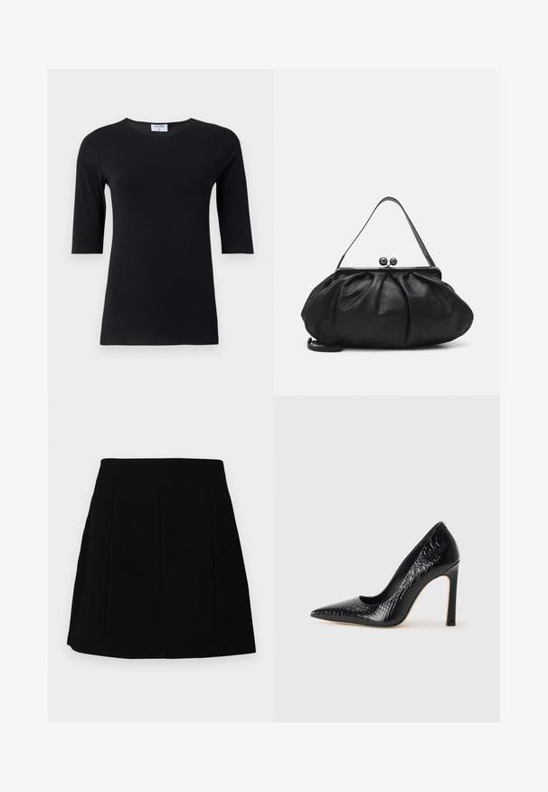 Haut noir à manches longues fabriqué en tissu doux et extensible. Dispose d'un col rond et d'une silhouette ajustée avec des manches de longueur intermédiaire.; Mini-jupe noire avec une silhouette structurée, présentant des coutures à l'avant et des poches latérales, fabriquée à partir d'un tissu lisse et léger.; Escarpin noir à bout pointu avec texture en cuir de crocodile, présentant un design élégant, un haut talon aiguille et un intérieur noir lisse.; Sac à main en cuir noir avec un design arrondi et plissé. Il possède un fermoir métallique avec deux boules décoratives et une bandoulière fine et amovible.