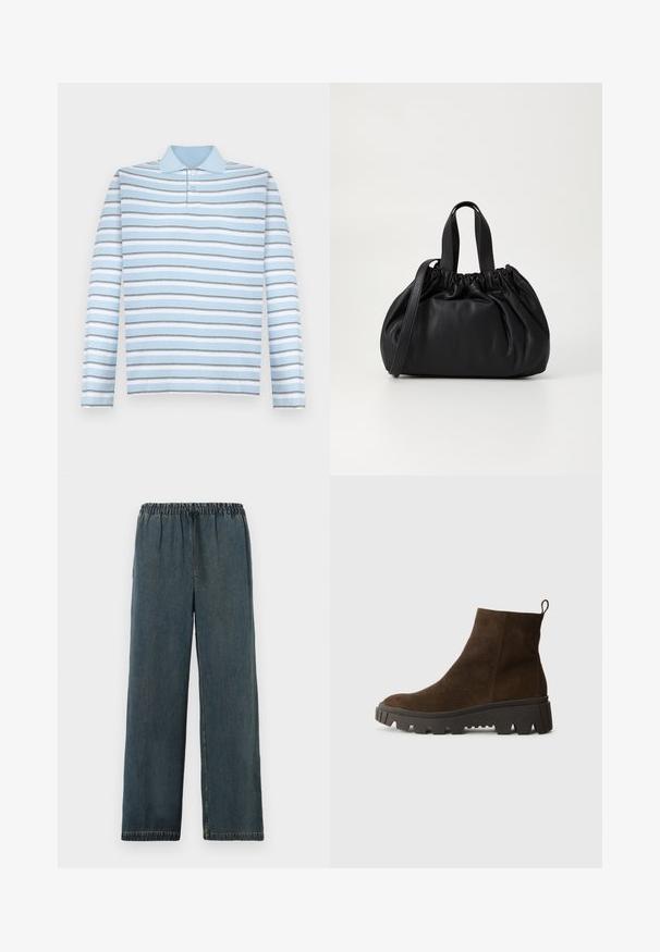 Polo a maniche lunghe blu chiaro con righe orizzontali grigie e bianche e colletto.; Pantaloni in denim blu scuro con vita elastica e cordoncino. Design a gamba larga con orli rifiniti e una superficie liscia e testurizzata.; Stivaletto in camoscio marrone con suola in gomma nera chunky, caratterizzato da un leggero tacco e una linguetta sul retro per una facile calzata.; Borsa a tracolla in pelle nera con design a cima arricciata, dotata di due manici corti e di una lunga tracolla regolabile. Texture liscia, forma arrotondata.