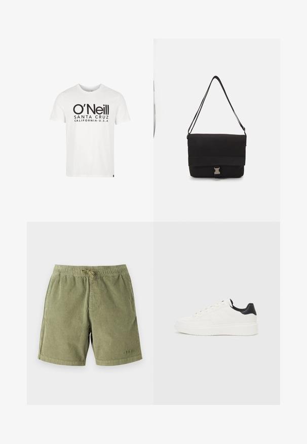White cotton t-shirt featuring a large black printed logo with "O'Neill" and "SANTA CRUZ CALIFORNIA-U.S.A." on the front. Short sleeves.; Light green corduroy shorts with an elastic waistband and drawstring. Features side pockets and subtle stitching details.; White leather sneaker with embossed pattern, textured white midsole, and black heel accent. Features rounded toe and flat laces.; Black messenger bag made of smooth material, featuring a fold-over flap, silver clasp hardware, and an adjustable shoulder strap.