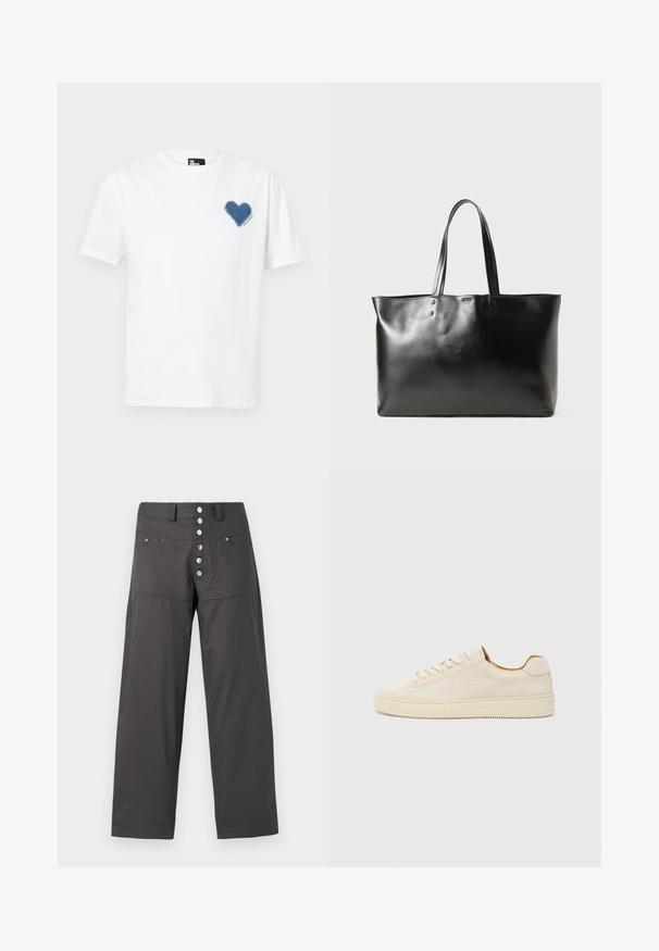 Fehér pamut póló, bal mellrészen kék farmer szív alkalmazással. Rövid ujjak és klasszikus kerek nyak.; Szürke, bővülő szárú nadrág könnyű anyagból, öt fémből készült gombbal záródó gombos sliccel és két elülső zsebbel.; Beige velúr sportcipő alacsony fazonban, kerek orral, lapos fűzőkkel és texturált gumitalppal. Minimalista stílus, látható logók nélkül.; Fekete, sima bőr női táska két állítható vállpánttal, téglalap alakú, finom varrási részletekkel, fehér háttér előtt.