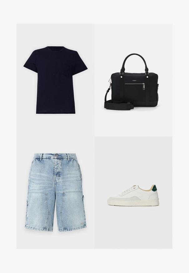 Marineblå bomulls t-skjorte med rund hals, kortermet og en liten brystlomme. Har en myk tekstur og en avslappet passform.; Lys blå denimshorts med en avslappet passform, som har to frontlommer og ekstra sidelommer. Slitt tekstur gjennom hele plagget.; Hvit sneakers med semsket detaljer, rund tå, flate snøringer og en kremfarget gummisåle. Har grønn merking på hælen.; Svart syntetisk totebag med to håndtak, avtagbar skulderrem, frontlomme med glidelås og detaljer i sølv.