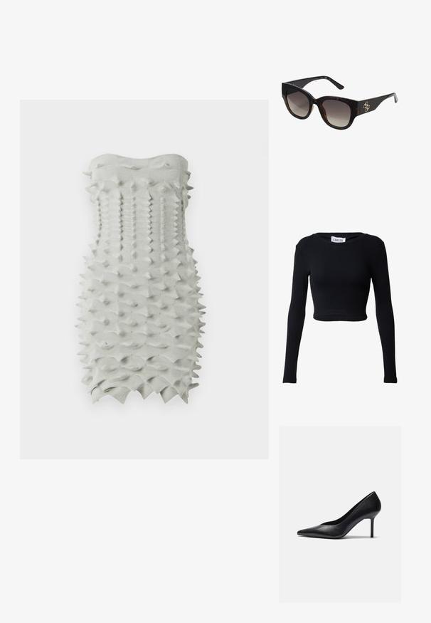 Zwarte, verkorte, langmouwige top van ribstof. Heeft een ronde halslijn en een aansluitend ontwerp, met naadloze randen. Etiket zegt "EDITED."; Strak, strapless jurk gemaakt van textuur, lichtgrijze stof met een geometrisch, spijkerachtig patroon. Glad bovenrand.; Zwarte leren hoge hak pump met een puntige neus en een slanke stilettohak, met een gladde textuur en een minimalistisch ontwerp.; Schildpad zonnebril met oversized rechthoekige monturen, gradient lenzen en gouden logo accent op de arm. Glad plastic materiaal.; Mango Armband - gold-coloured